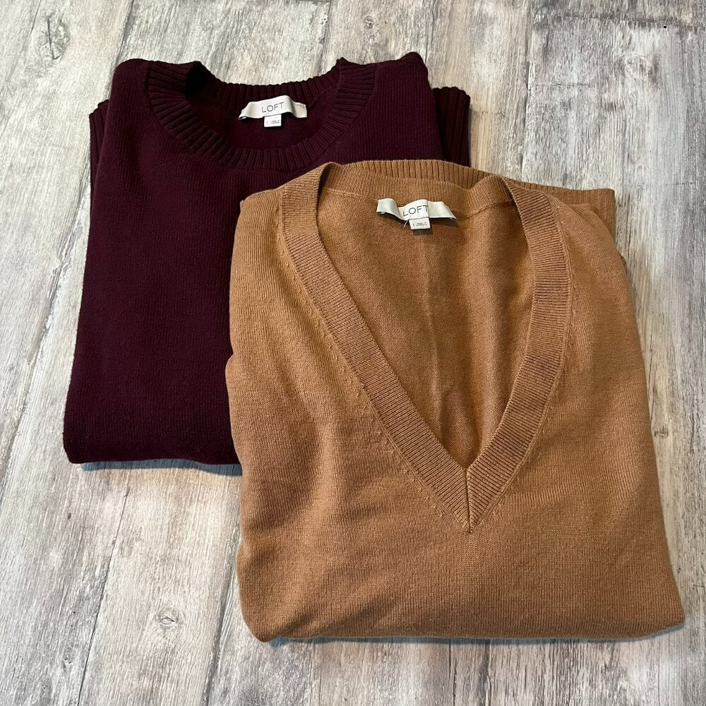 SALE! 2 LOFT Sweaters, Large - Camel Relaxed V-Neck and Burgundy Modern Tunic